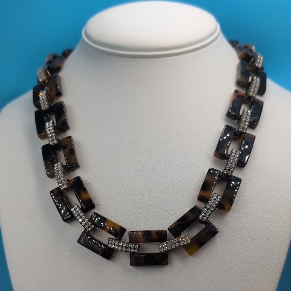 J. Crew Tortoise Shell Brown Rectangular Rhinestone Bead Necklace - Picture 1 of 5